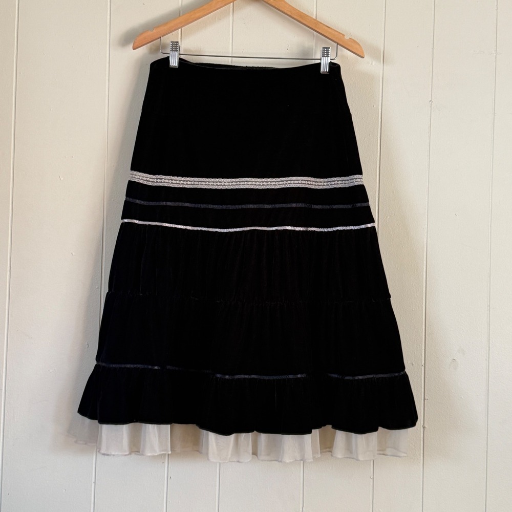 New York‎ & Company Velvet Tiered Midi Skirt Lace Trim Size L Witchy Whimsigoth